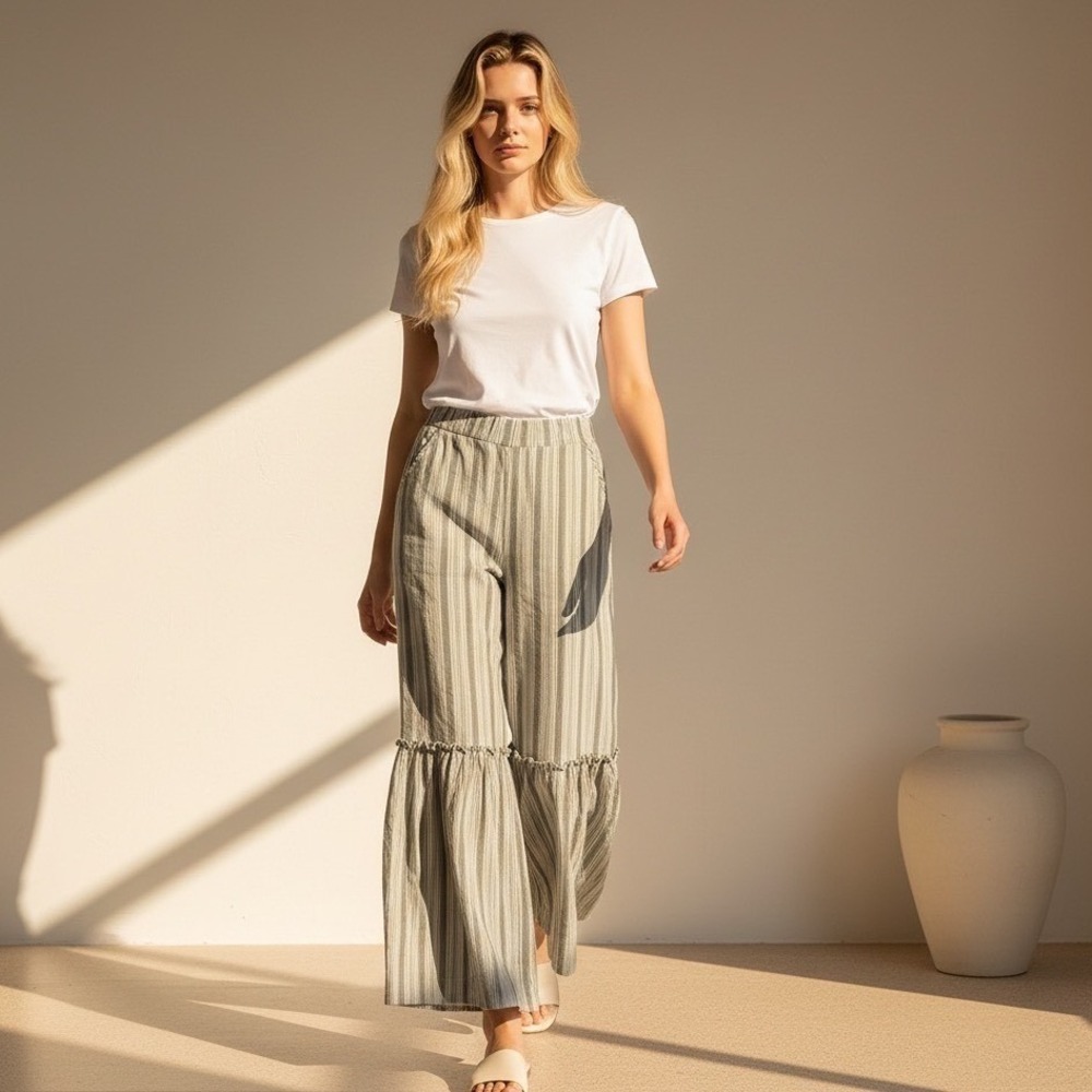 Joyous‎ Striped Wide Leg Ruffle Tiered Pants Womens Medium Black Creams Viscose